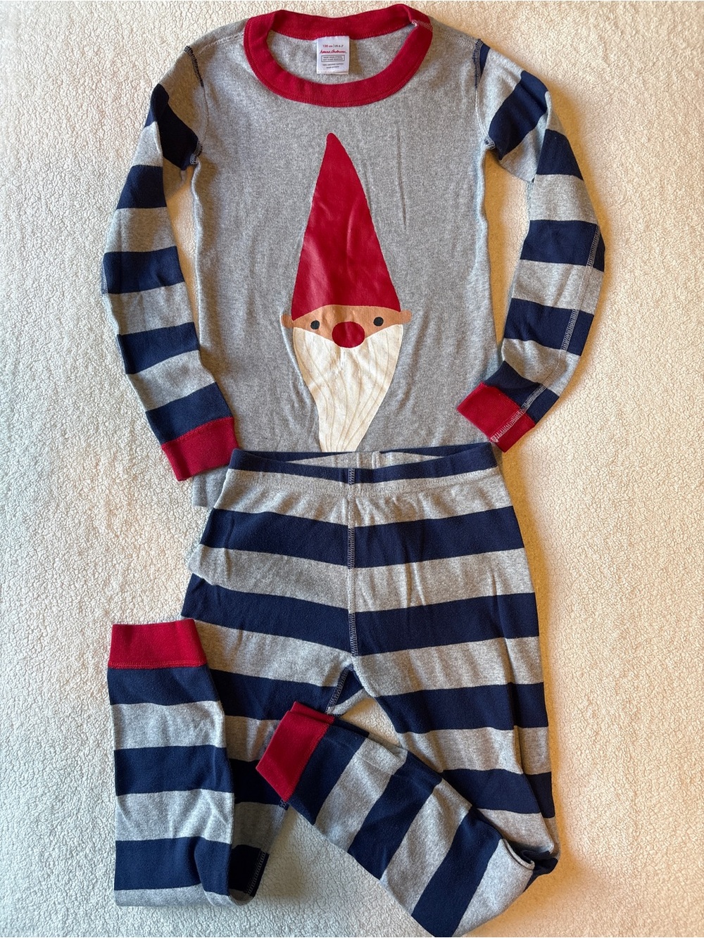Hanna Andersson Grey & Navy Gnome Stripe Pajama Set with Red Trim, size 6-7